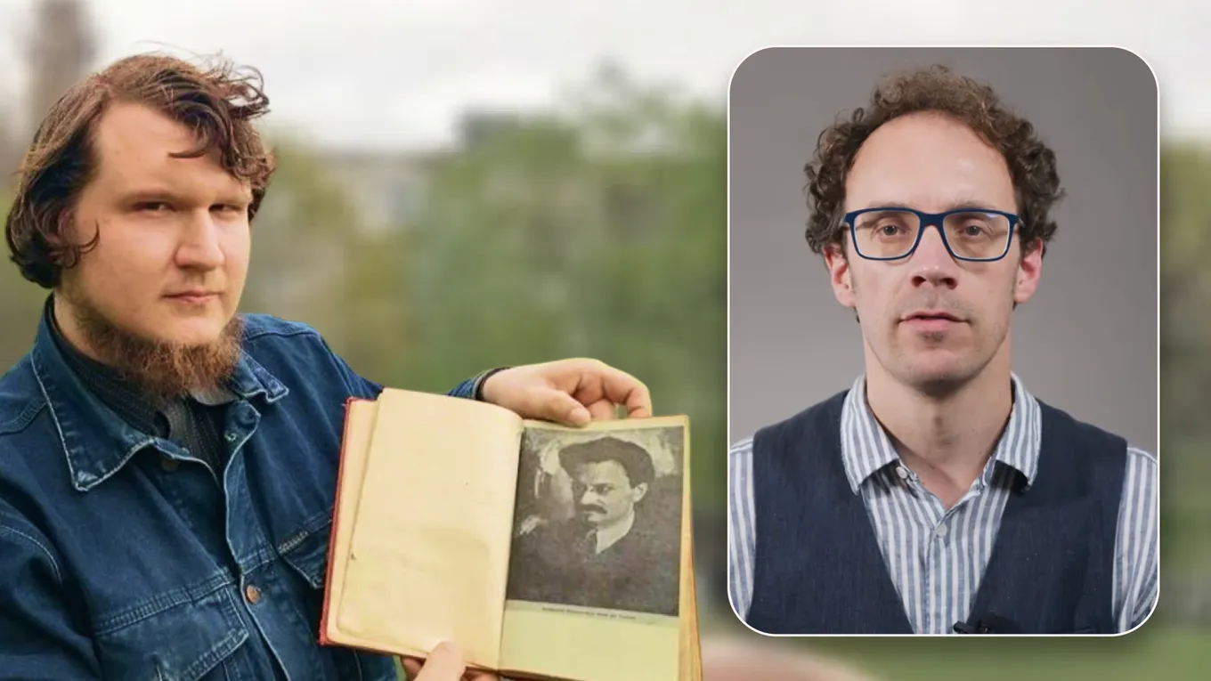 Two photographs side by side: Bogdan Syrotiuk outdoors, holding open a book at a portrait of Leon Trotsky, and Johannes Stern, who delivers the appeal